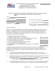 Document preview: RAD Formulario 8 Aviso Del Proveedor De Vivienda Al Inquilino Sobre Ajuste De Alquiler (Solo Para Propiedades De Alquiler Estabilizado) - Washington, D.C. (Spanish)