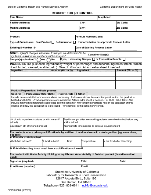 Form CDPH8589 Request for Ph Control - California