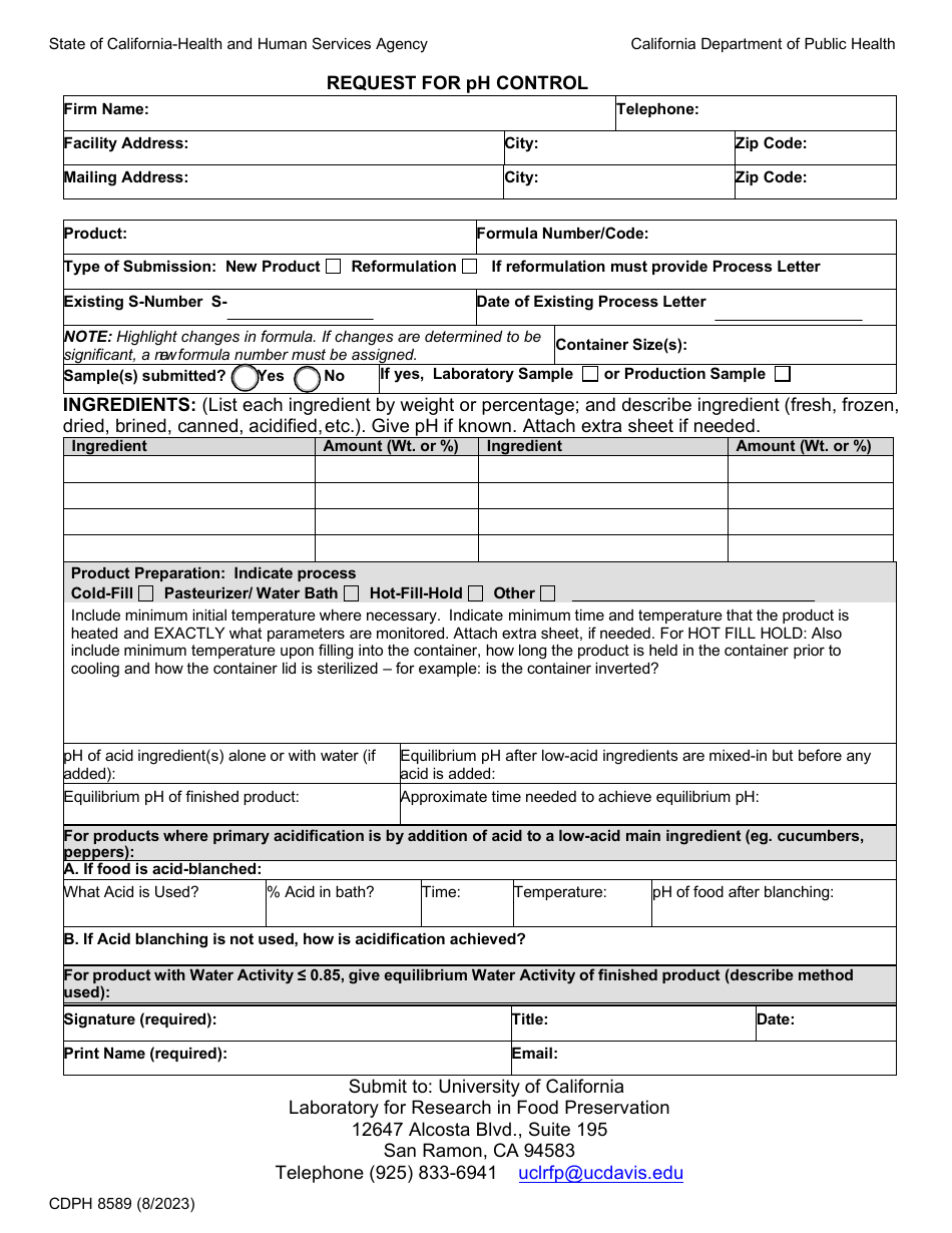 Form CDPH8589 Request for Ph Control - California, Page 1