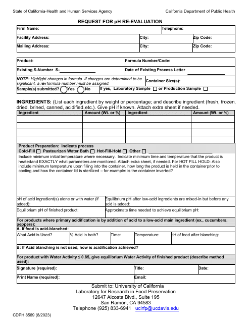 Form CDPH8569 Request for Ph Re-evaluation - California