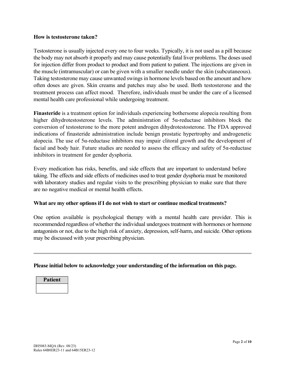 Form DH5083-MQA Masculinizing Medications for Patients With Gender Dysphoria Patient Information and Informed Consent - Florida, Page 2