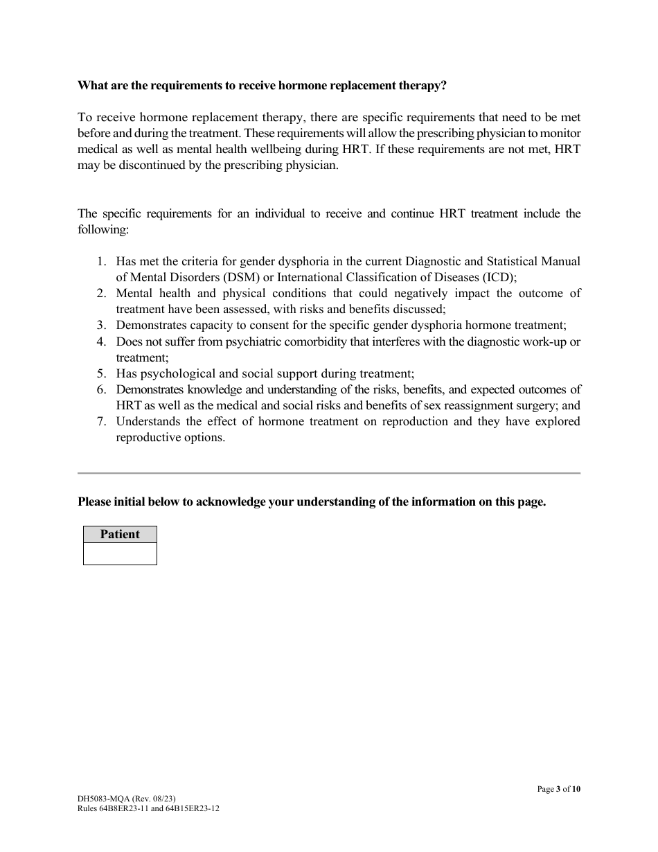 Form DH5083-MQA Masculinizing Medications for Patients With Gender Dysphoria Patient Information and Informed Consent - Florida, Page 3