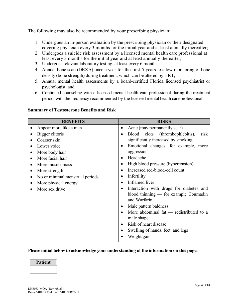 Form DH5083-MQA Masculinizing Medications for Patients With Gender Dysphoria Patient Information and Informed Consent - Florida, Page 4
