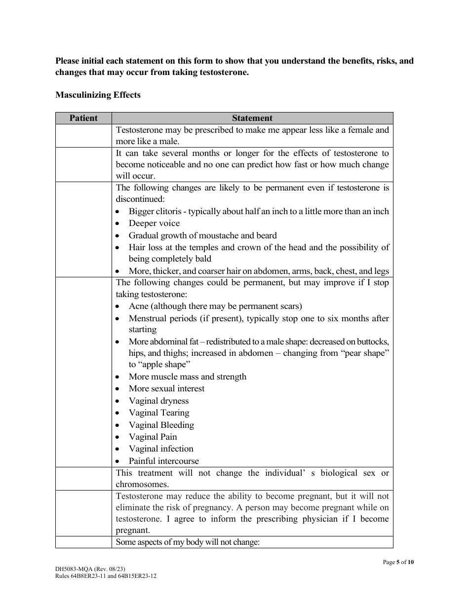 Form DH5083-MQA Masculinizing Medications for Patients With Gender Dysphoria Patient Information and Informed Consent - Florida, Page 5