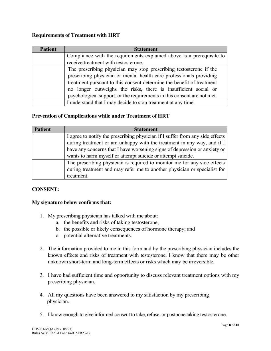 Form DH5083-MQA Masculinizing Medications for Patients With Gender Dysphoria Patient Information and Informed Consent - Florida, Page 8