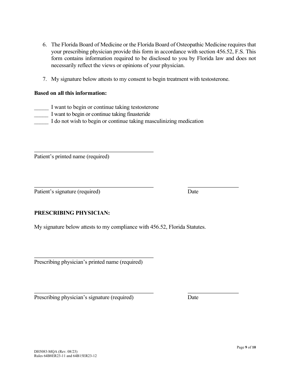 Form DH5083-MQA Masculinizing Medications for Patients With Gender Dysphoria Patient Information and Informed Consent - Florida, Page 9