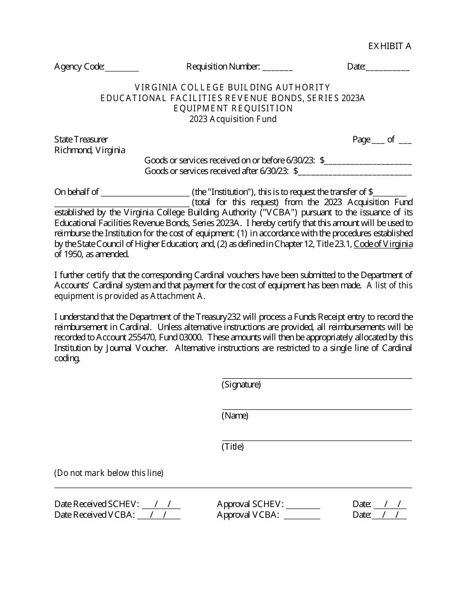 Exhibit A Vcba Educational Facilities Revenue Bonds Requisition Form - Virginia, Page 1
