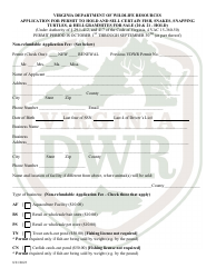 Document preview: Application for Permit to Hold and Sell Certain Fish, Snakes, Snapping Turtles, & Hellgrammites for Sale (20 & 21 - Hold) - Virginia