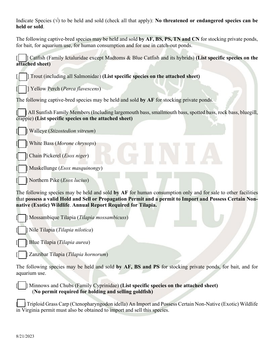 Application for Permit to Hold and Sell Certain Fish, Snakes, Snapping Turtles,  Hellgrammites for Sale (20  21 - Hold) - Virginia, Page 2