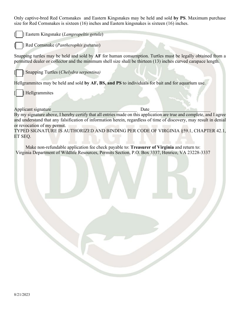 Application for Permit to Hold and Sell Certain Fish, Snakes, Snapping Turtles,  Hellgrammites for Sale (20  21 - Hold) - Virginia, Page 3