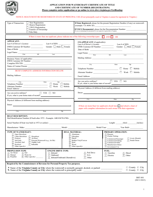 Form BRT-001 Application for Watercraft Certificate of Title and Certificate of Number (Registration) - Virginia