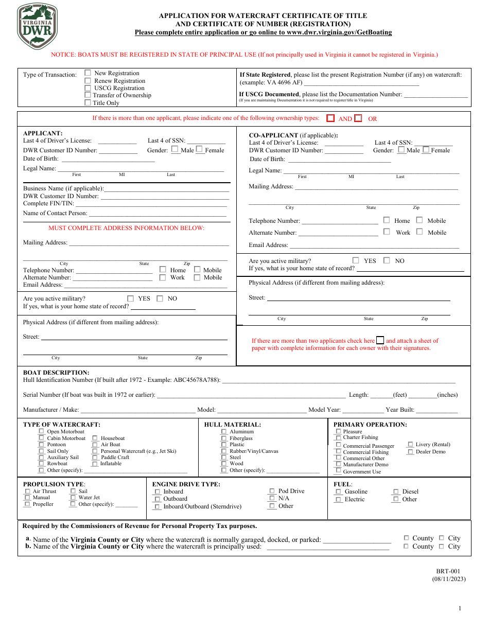Form BRT-001 Application for Watercraft Certificate of Title and Certificate of Number (Registration) - Virginia, Page 1