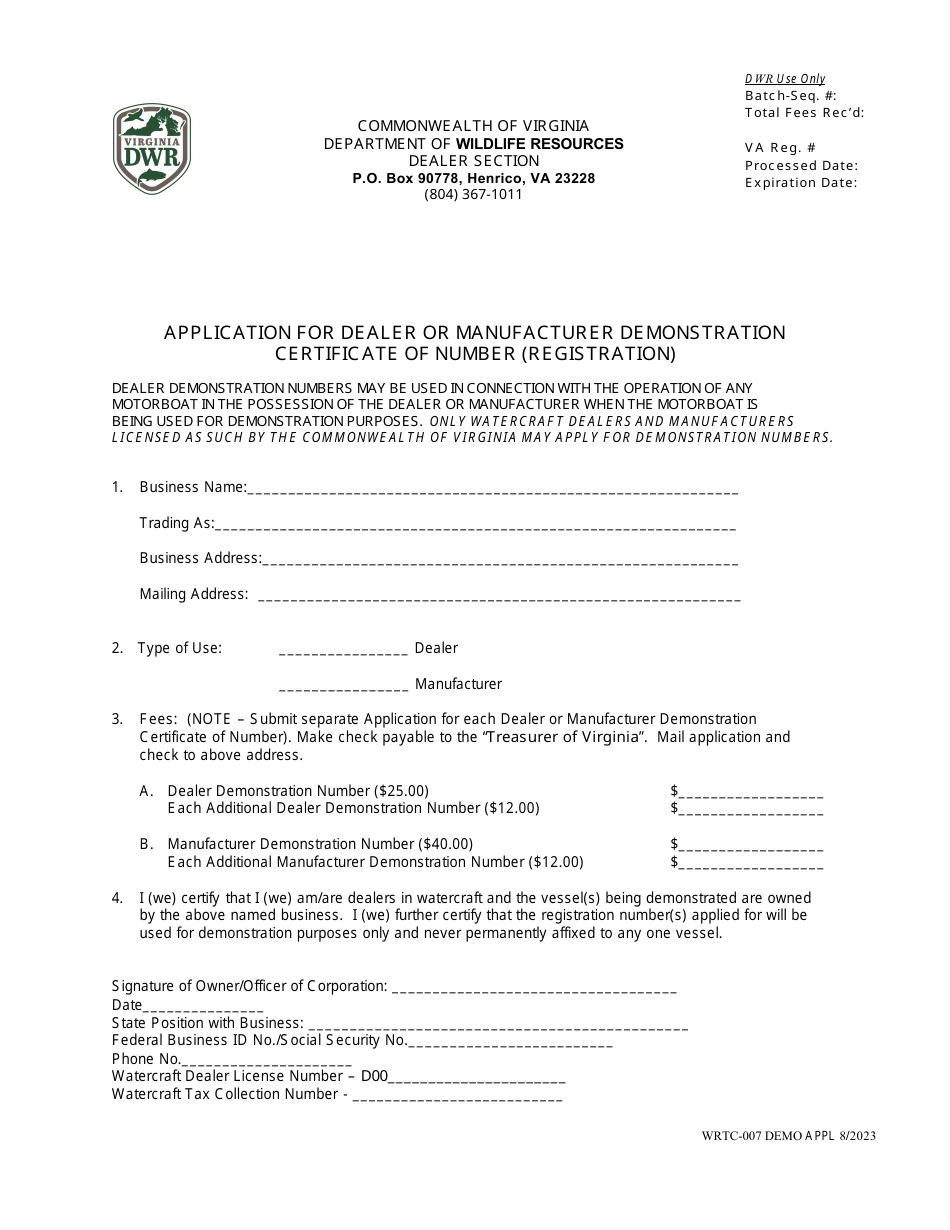 Form WRTC-007 Application for Dealer or Manufacturer Demonstration Certificate of Number (Registration) - Virginia, Page 2