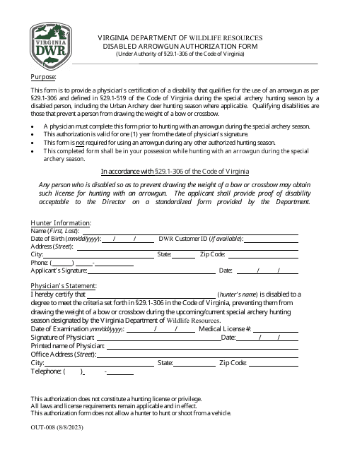Form OUT-008 Disabled Arrowgun Authorization Form - Virginia