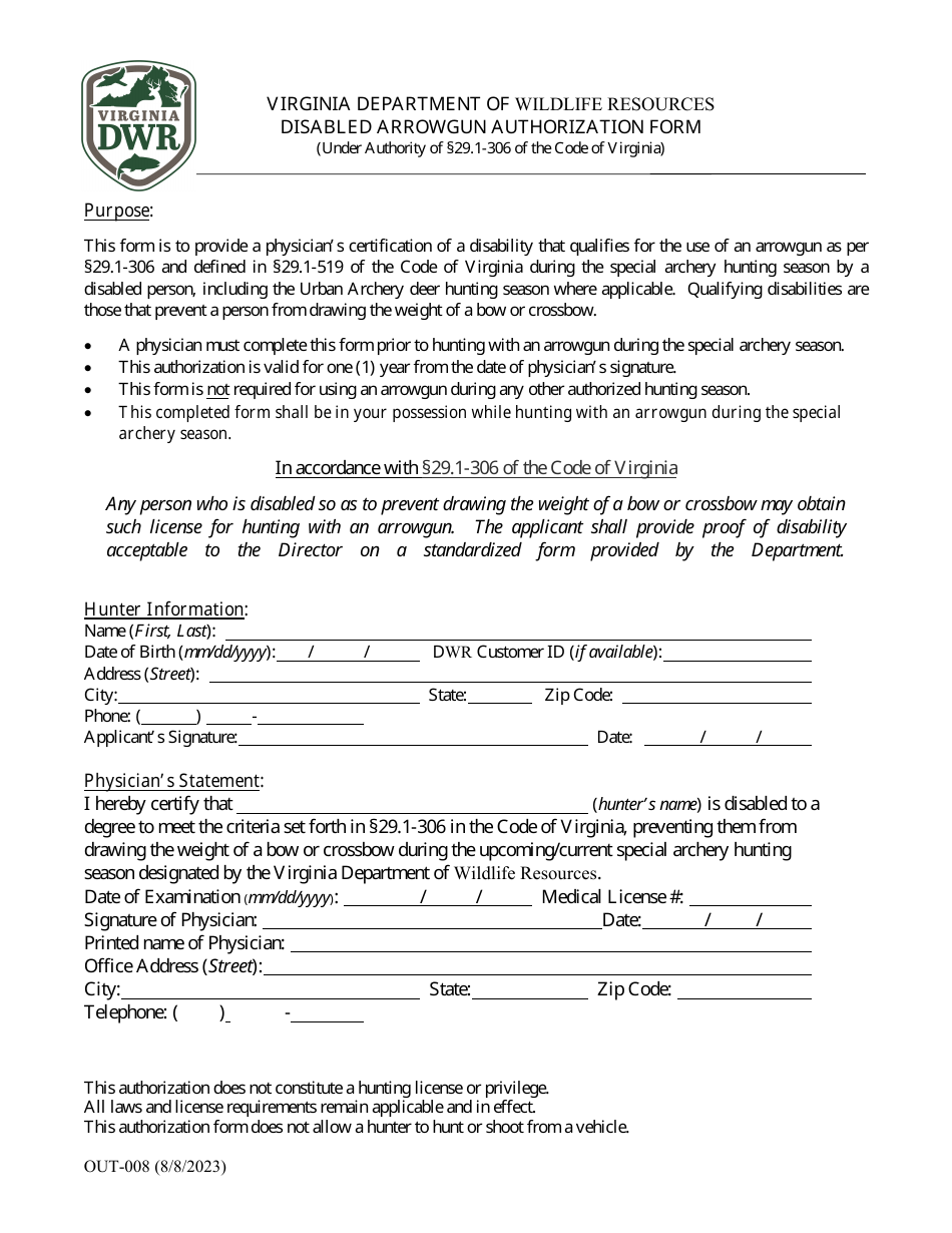 Form OUT-008 Disabled Arrowgun Authorization Form - Virginia, Page 1