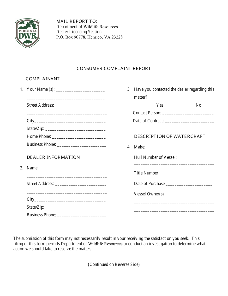 Form WRTC-008 Consumer Complaint Report - Virginia, Page 1
