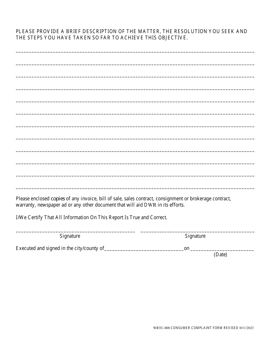 Form WRTC-008 Consumer Complaint Report - Virginia, Page 2