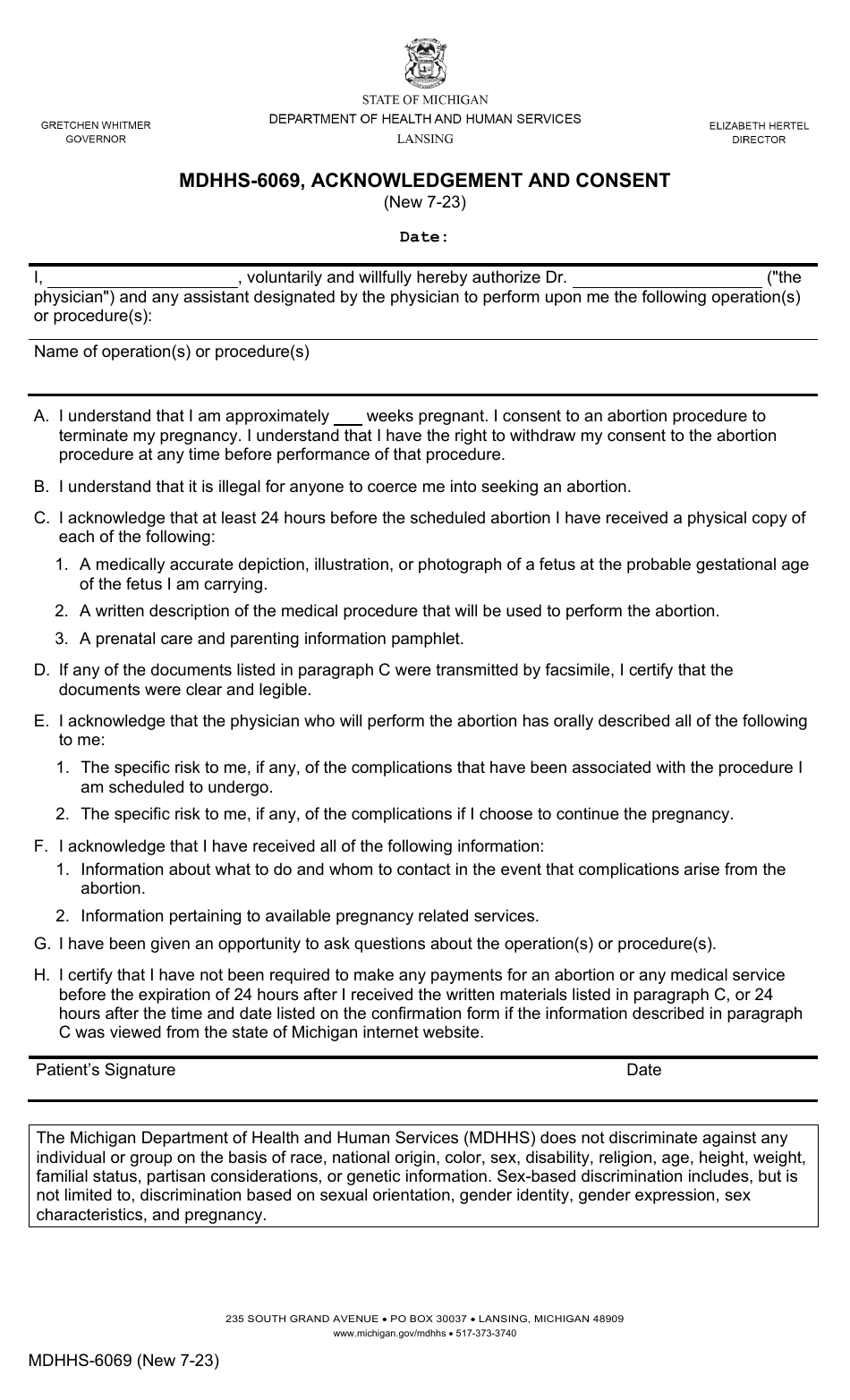 Form MDHHS-6069 Acknowledgement and Consent - Michigan, Page 1