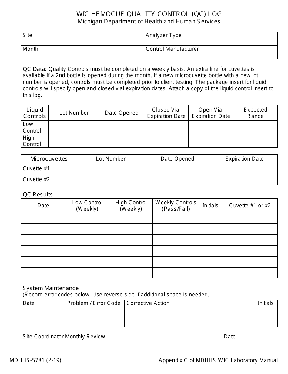 Form MDHHS-5781 Wic Hemocue Quality Control (Qc) Log - Michigan, Page 1