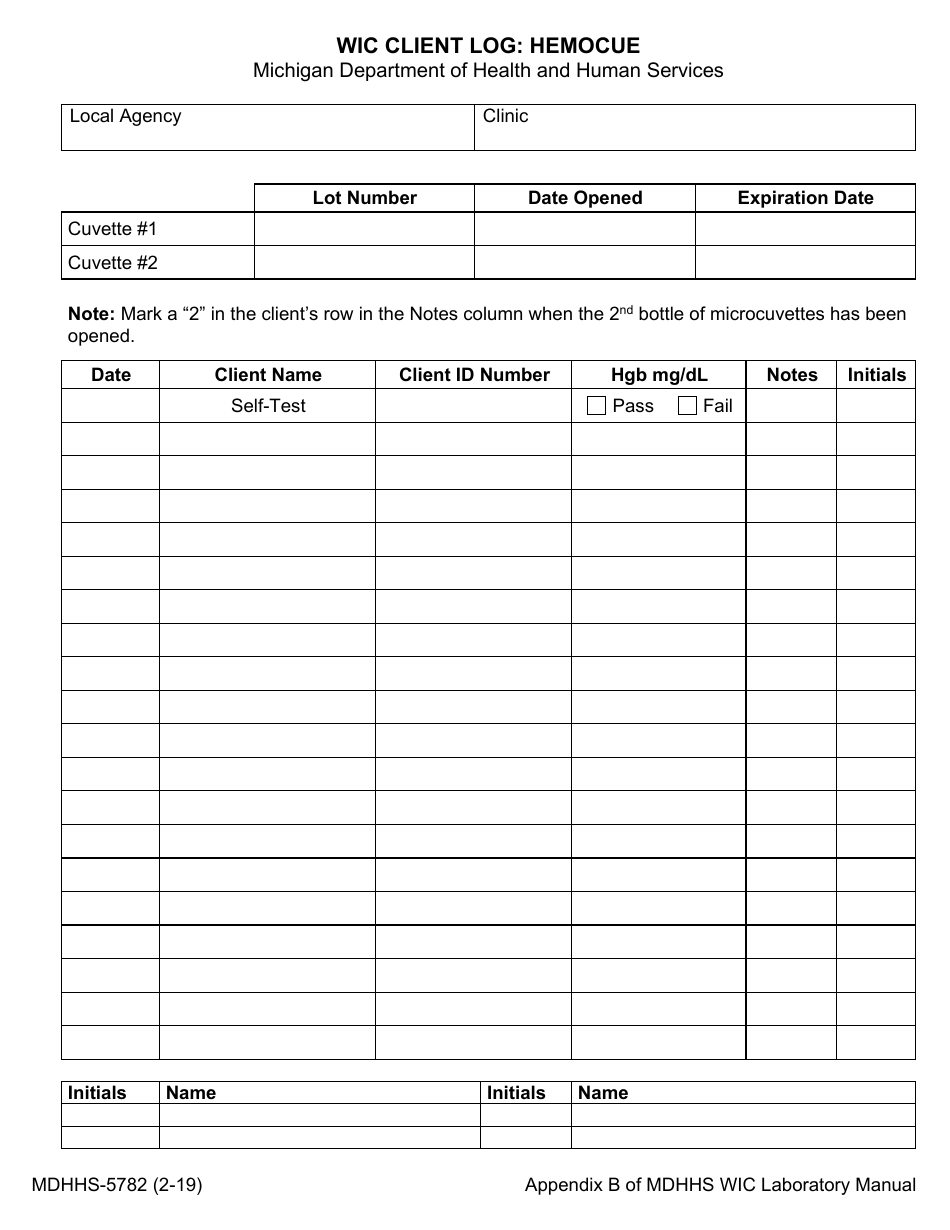 Form MDHHS-5782 Wic Client Log: Hemocue - Michigan, Page 1
