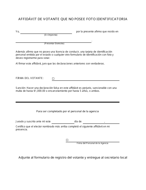 Affidavit De Votante Que No Posee Foto Identificatoria - Michigan (Spanish)