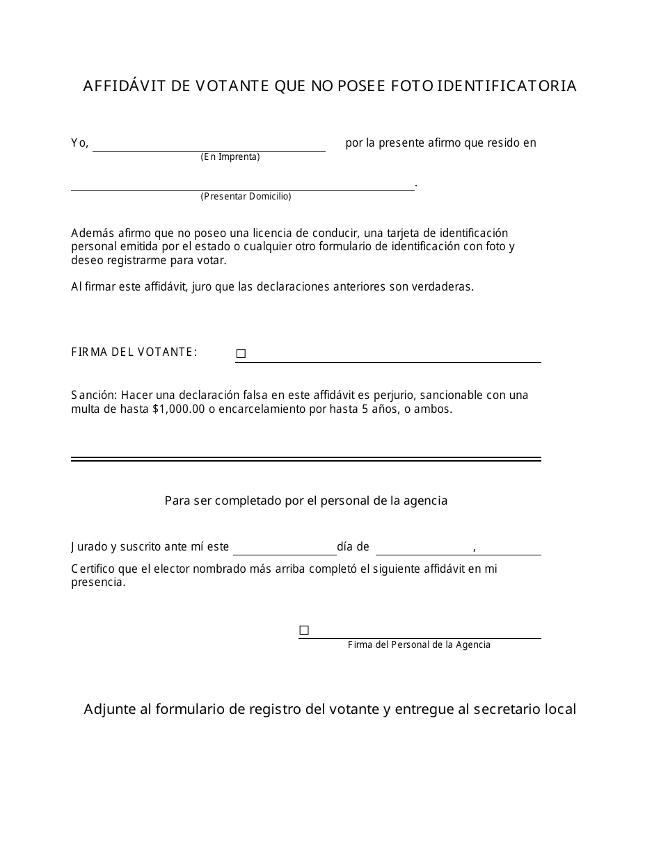 Affidavit De Votante Que No Posee Foto Identificatoria - Michigan (Spanish), Page 1