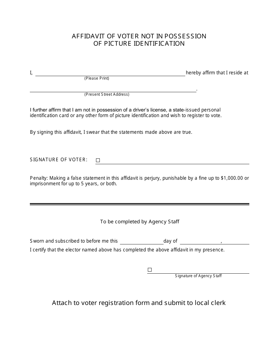 Affidavit of Voter Not in Possession of Picture Identification - Michigan, Page 1