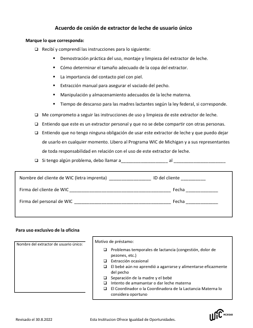 Acuerdo De Cesion De Extractor De Leche De Usuario Unico - Michigan (Spanish)