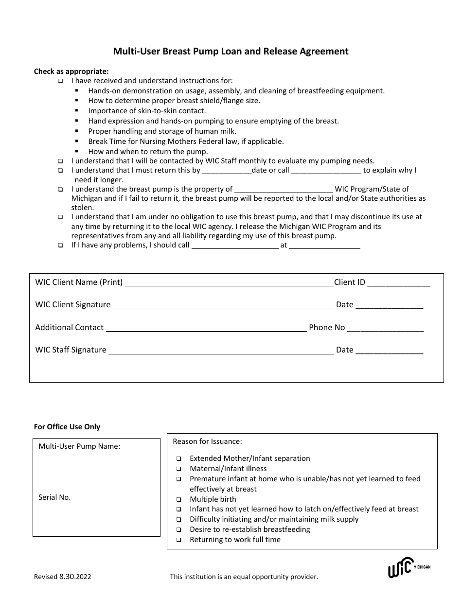 Multi-User Breast Pump Loan and Release Agreement - Michigan, Page 1
