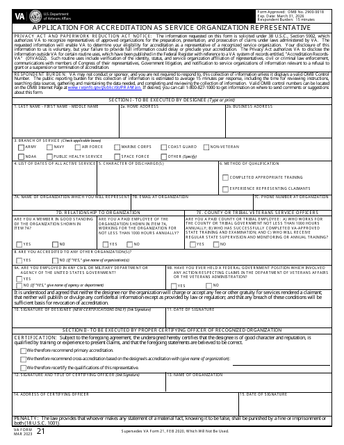 VA Form 21 Application for Accreditation as Service Organization Representative