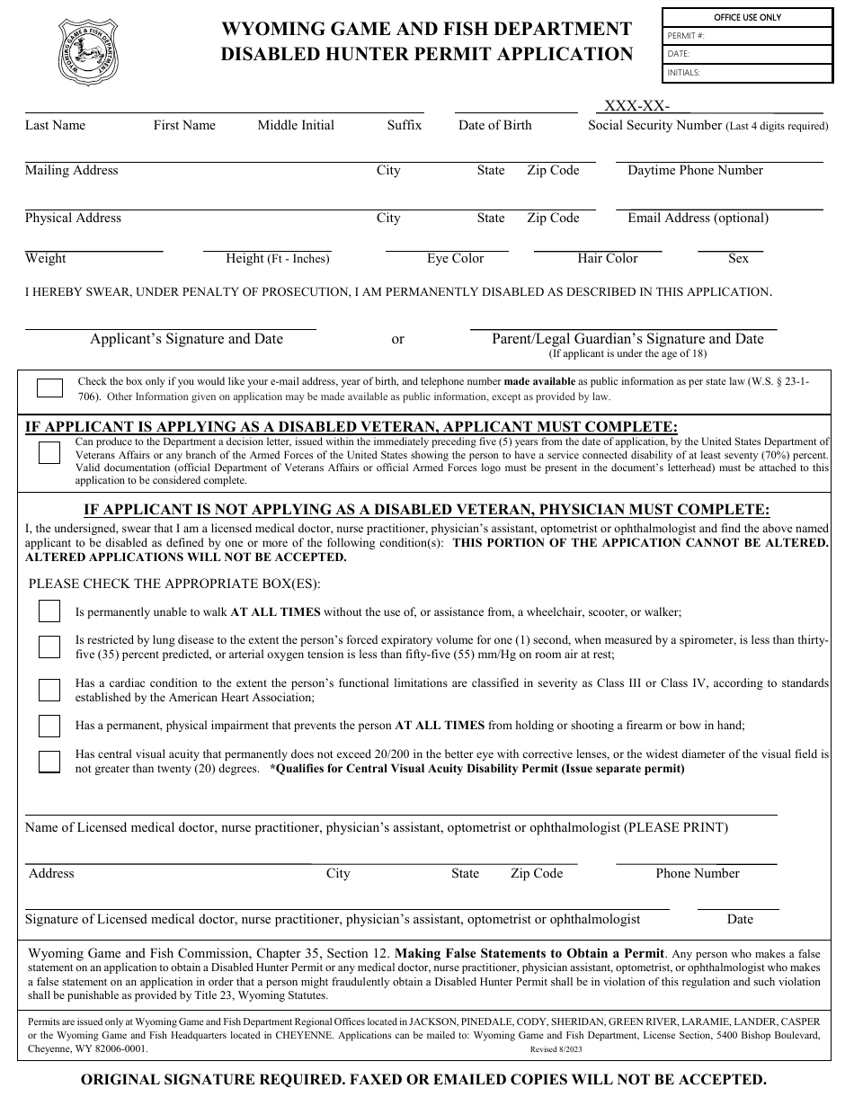 Disabled Hunter Permit Application - Wyoming, Page 1