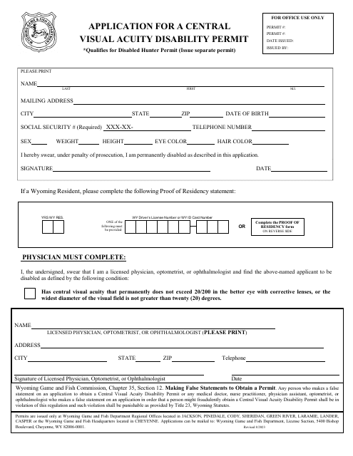 Application for a Central Visual Acuity Disability Permit - Wyoming Download Pdf