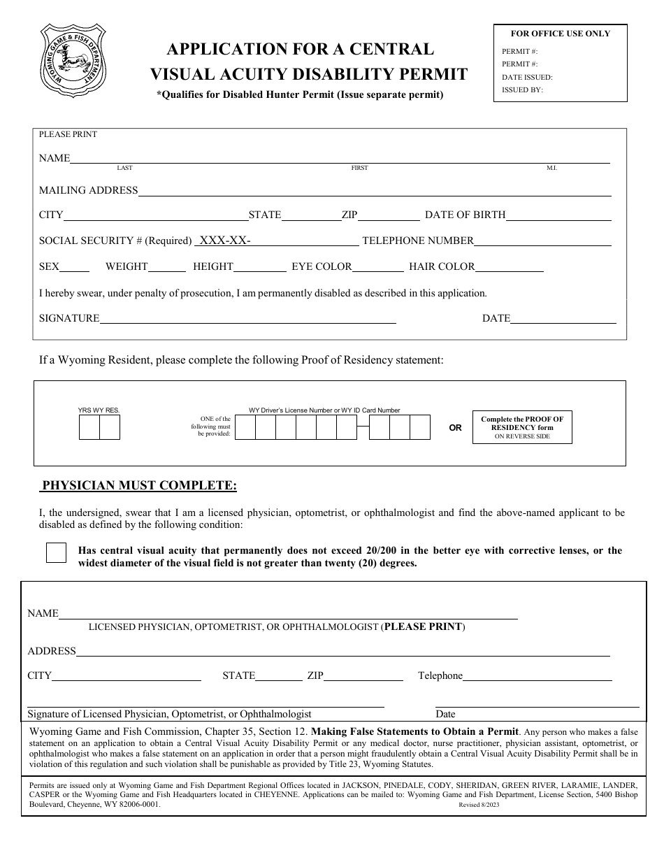 Application for a Central Visual Acuity Disability Permit - Wyoming, Page 1