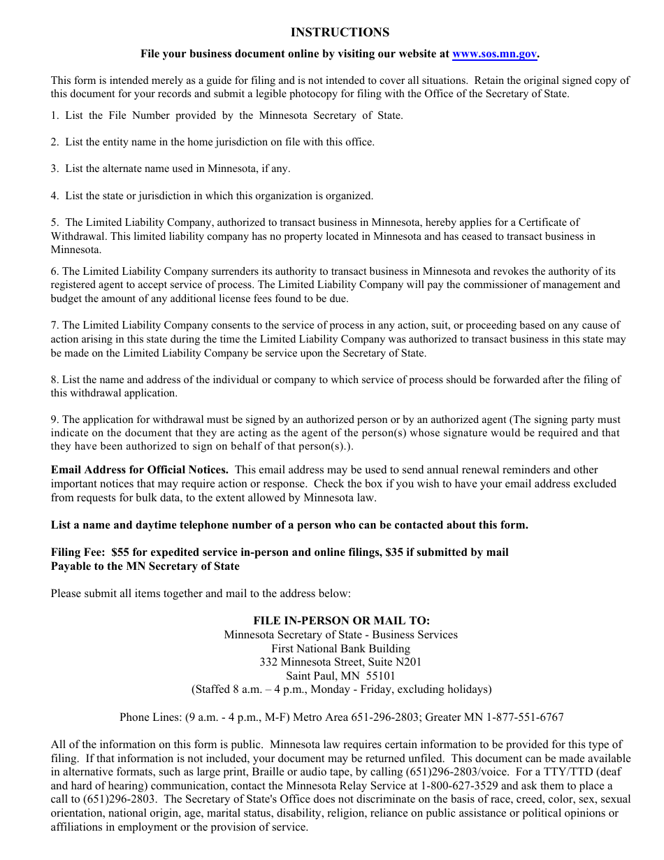 Foreign Limited Liability Company Certificate of Withdrawal - Minnesota, Page 2