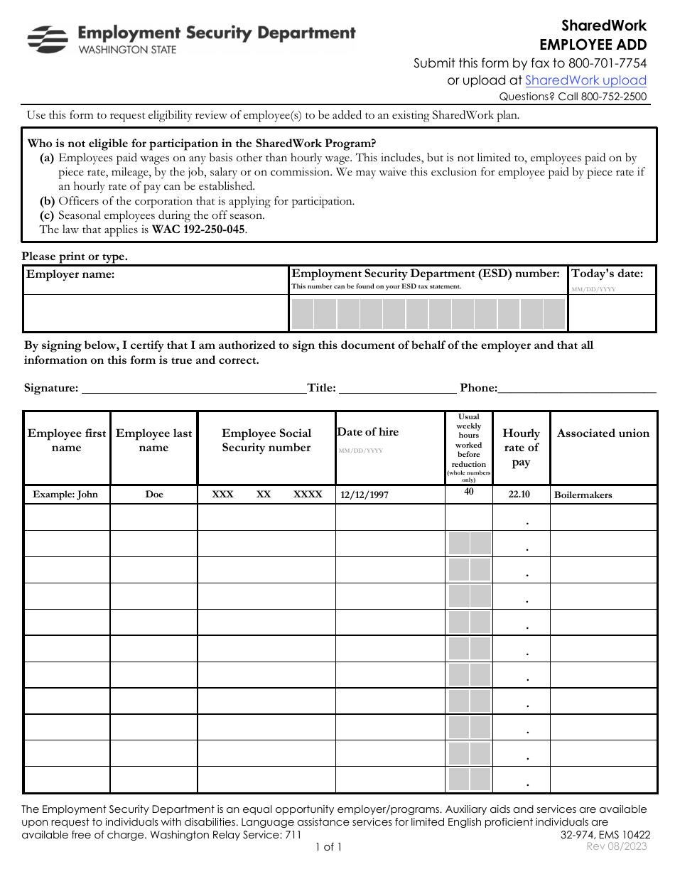 Washington Sharedwork Employee Add - Fill Out, Sign Online and Download ...