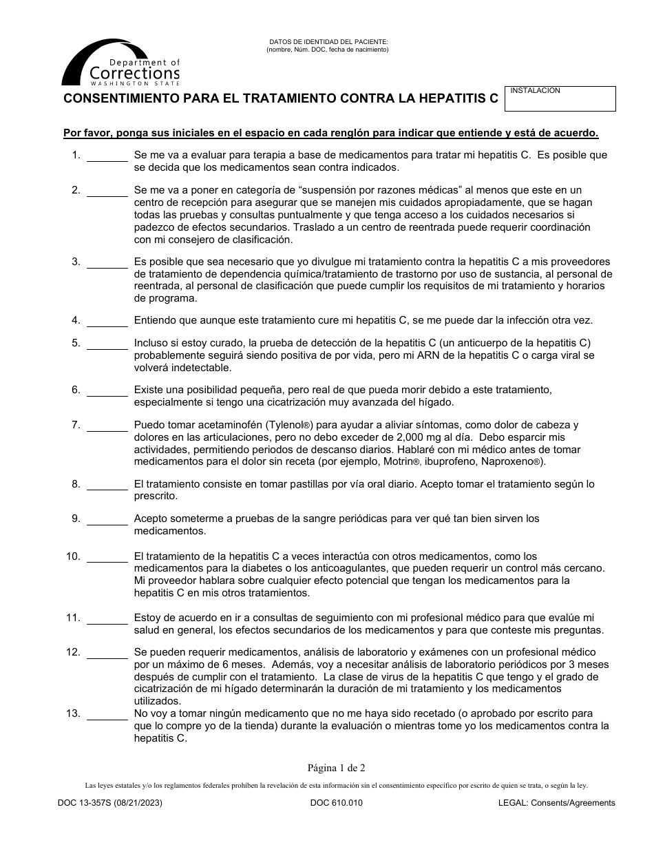 Formulario DOC13-357S Consentimiento Para El Tratamiento Contra La Hepatitis C - Washington (Spanish), Page 1
