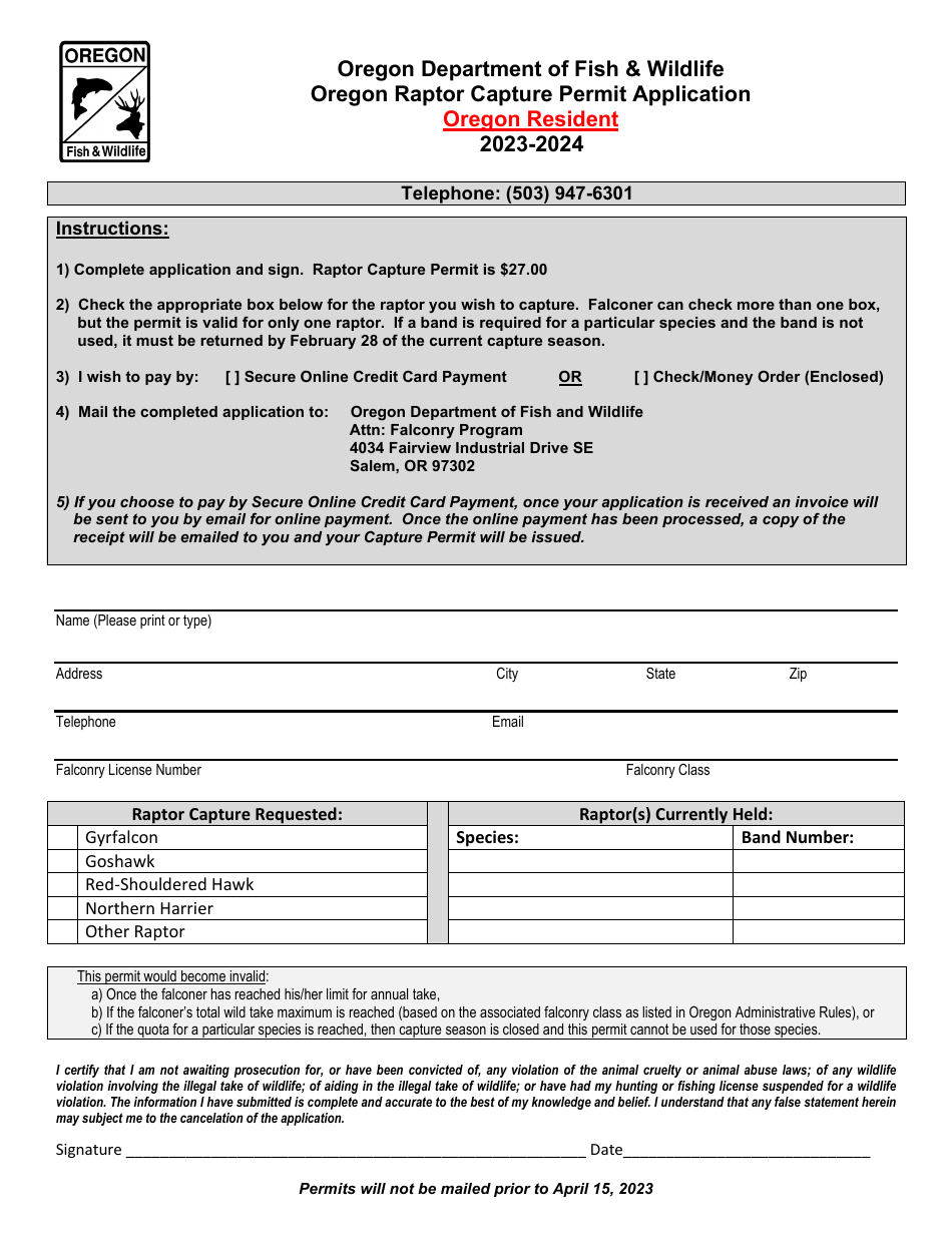 2024 Oregon Oregon Raptor Capture Permit Application Oregon Resident