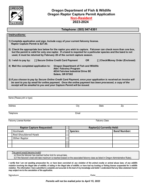 Oregon Raptor Capture Permit Application - Non-resident - Oregon Download Pdf