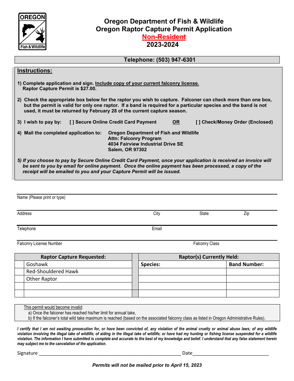 Oregon Raptor Capture Permit Application - Non-resident - Oregon, Page 1