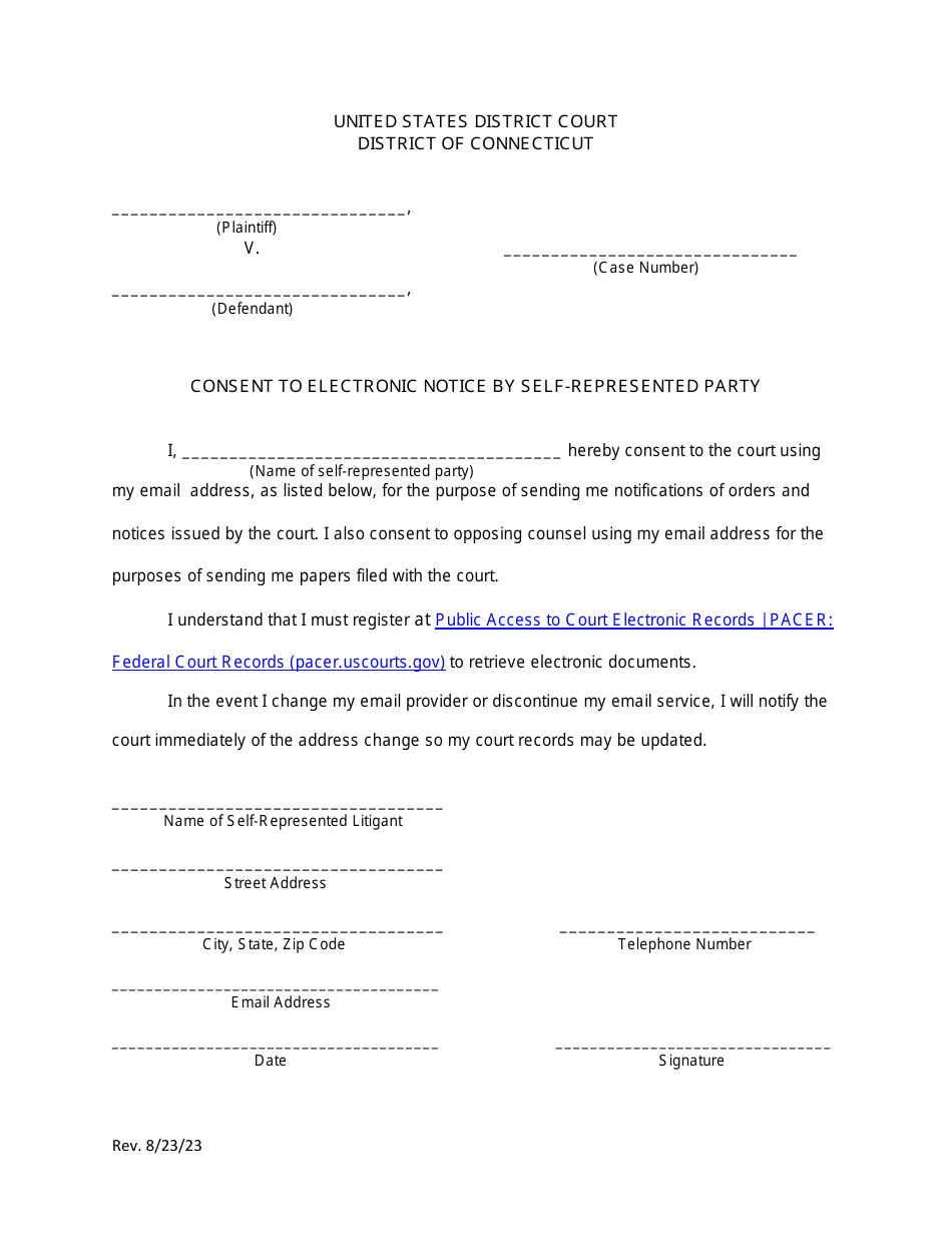 Consent to Electronic Notice by Self-represented Party - Connecticut, Page 1