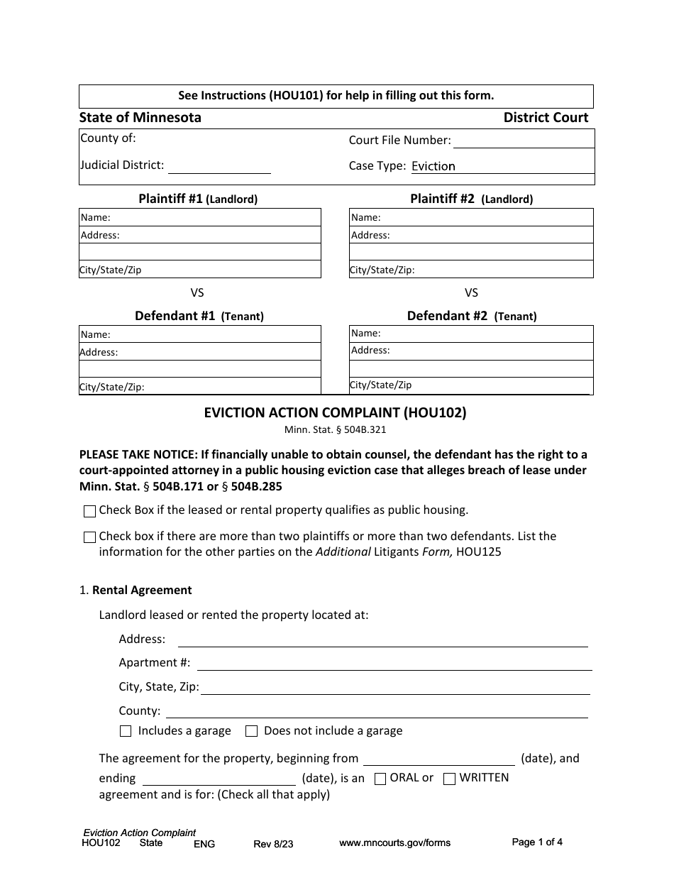 Form HOU102 Eviction Action Complaint - Minnesota, Page 1