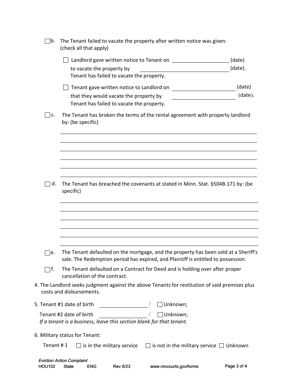 Form HOU102 Eviction Action Complaint - Minnesota, Page 3