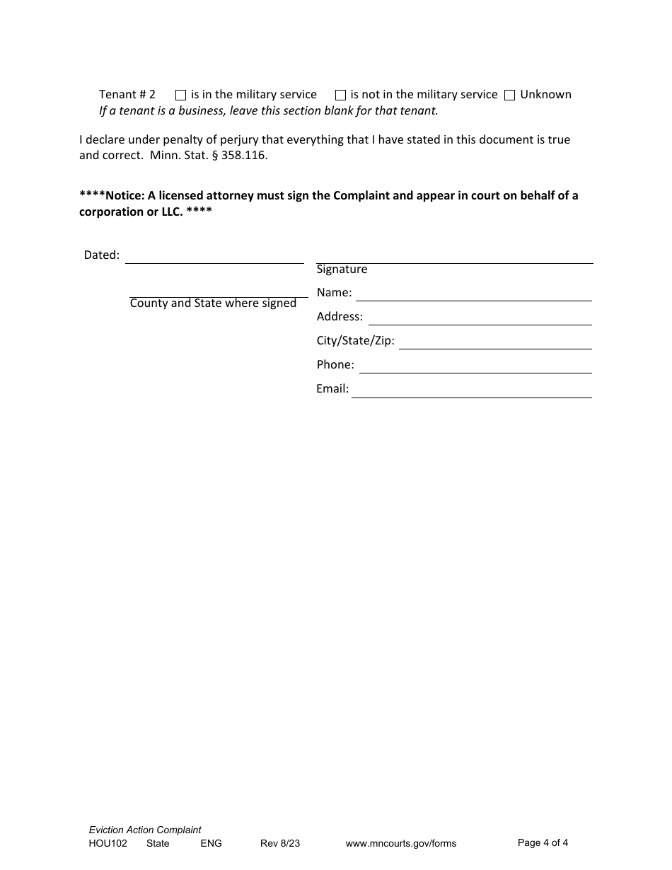 Form HOU102 Eviction Action Complaint - Minnesota, Page 4