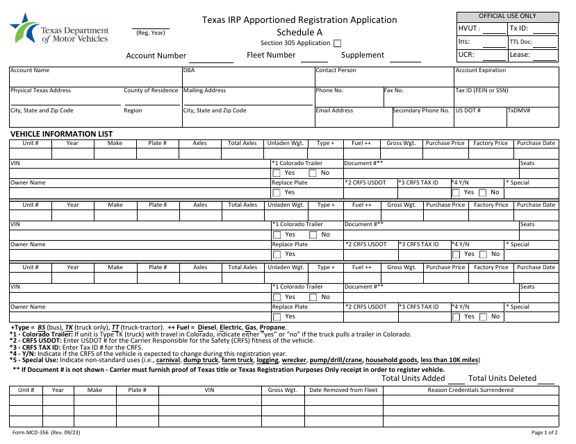 Form MCD-356 Schedule A, B Texas Irp Apportioned Registration Application - Texas