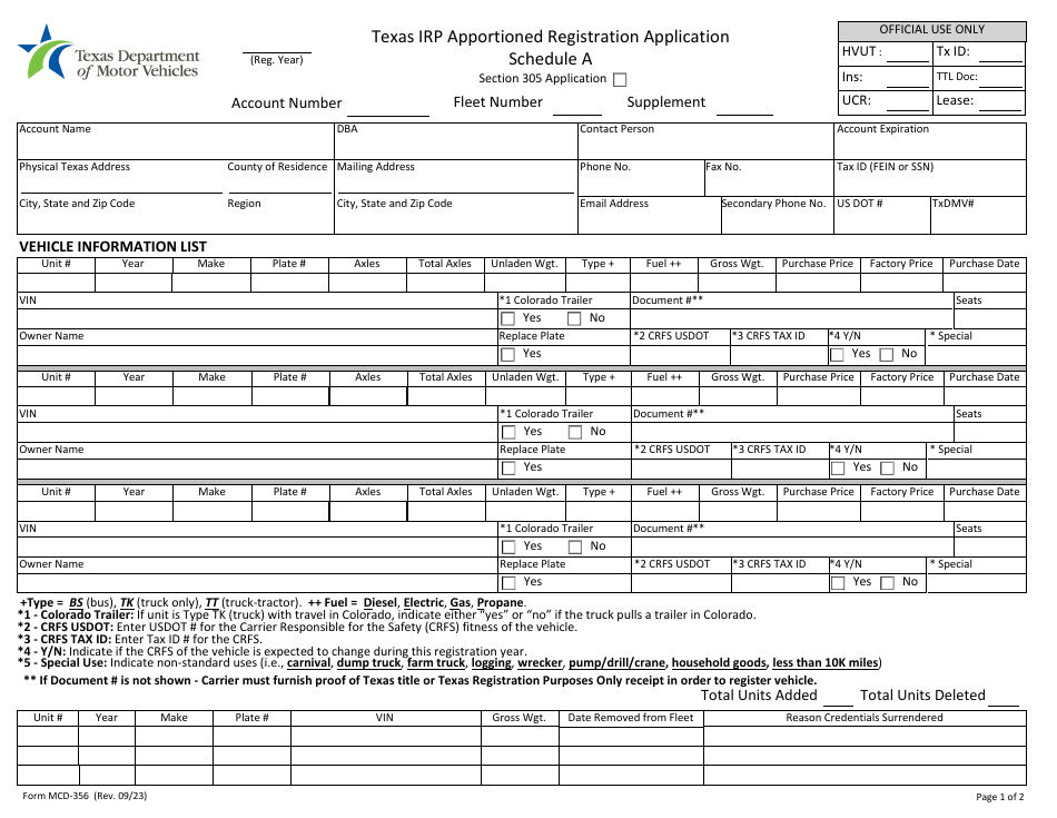 Form MCD-356 Schedule A, B Texas Irp Apportioned Registration Application - Texas, Page 1