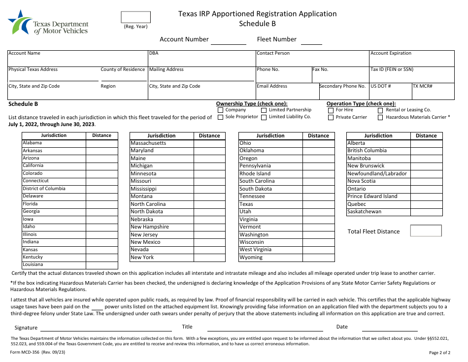 Form Mcd 356 Schedule A B Download Fillable Pdf Or Fill Online Texas Irp Apportioned 5611