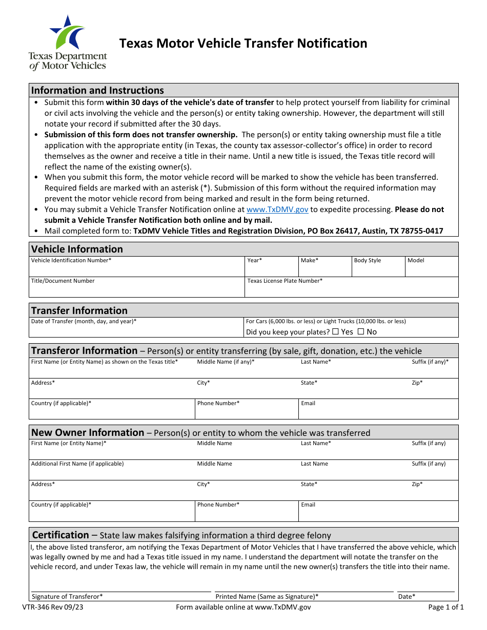 Form VTR-346 Texas Motor Vehicle Transfer Notification - Texas, Page 1