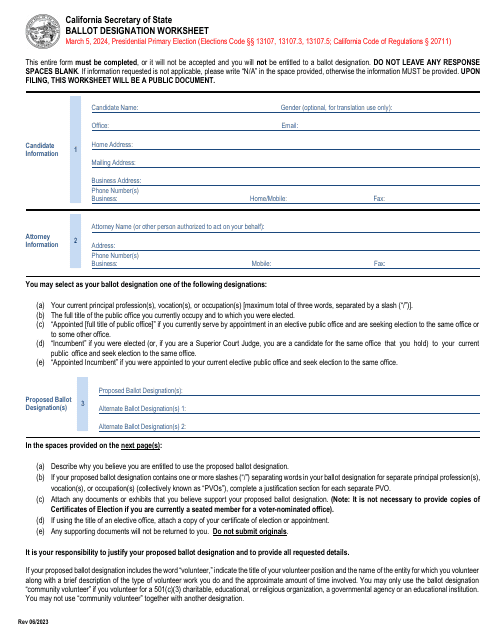 Ballot Designation Worksheet - California, 2024