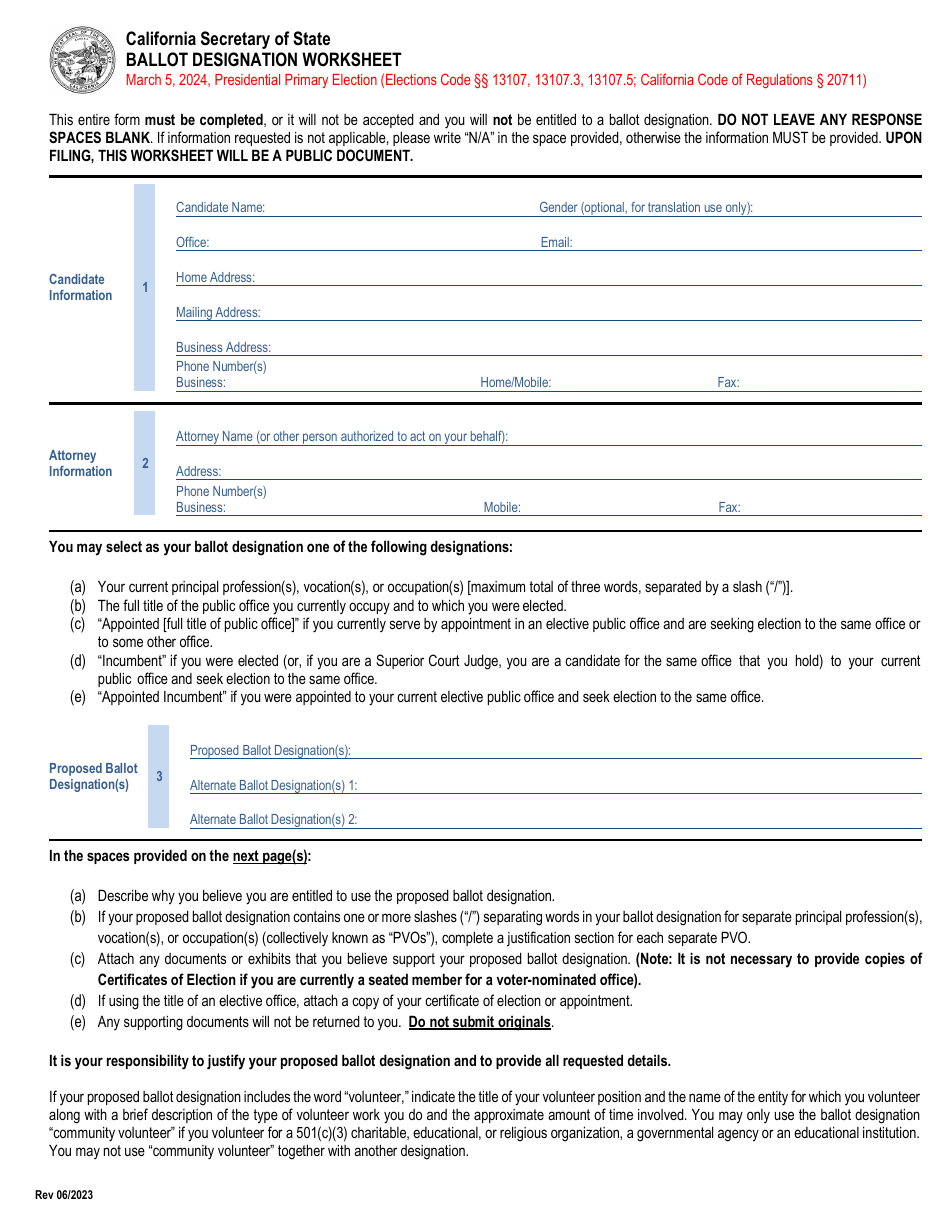 Ballot Designation Worksheet - California, Page 1