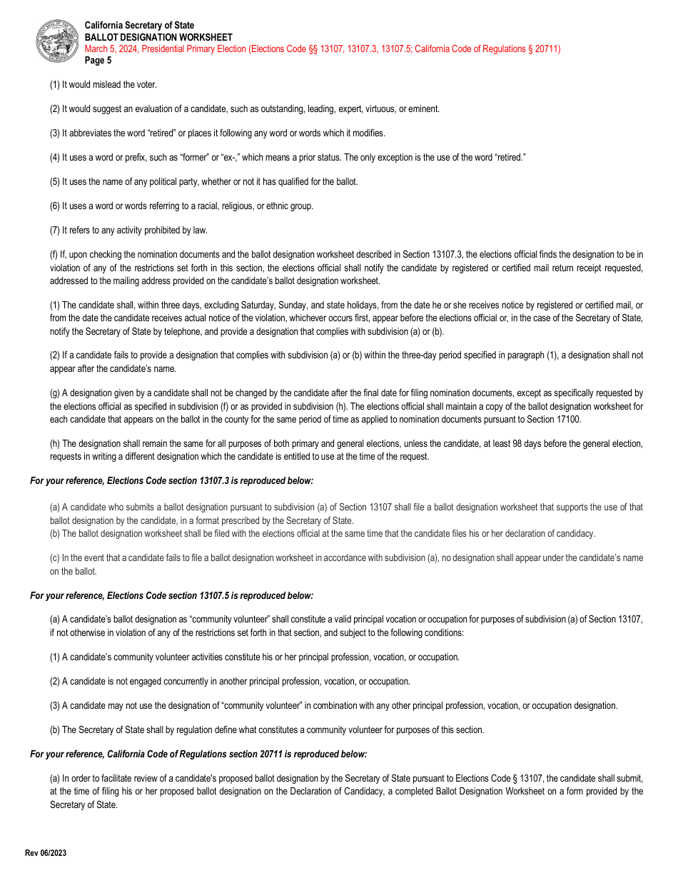 Ballot Designation Worksheet - California, Page 5